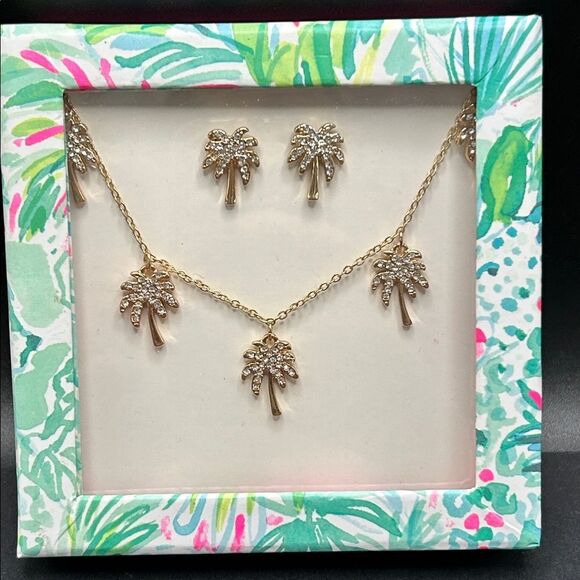 Lilly Pulitzer Jewelry - NEW Lilly Pulitzer Necklace Earring Set Gold Crystal Sparkling Palm Trees